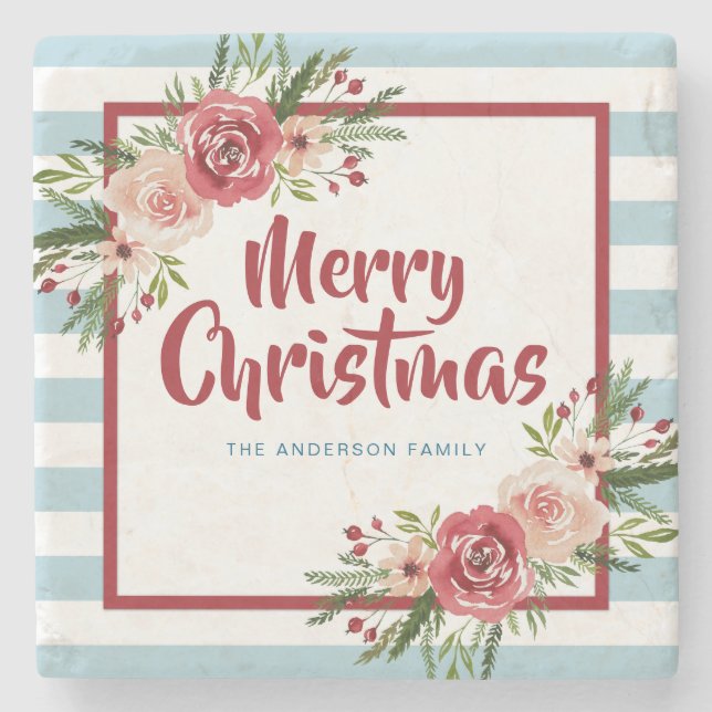 Blue Stripes Watercolor Flowers Christmas Stone Coaster (Front)