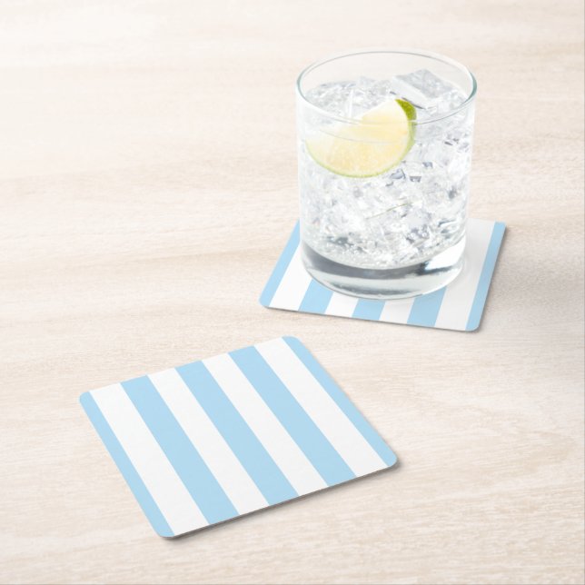 Blue Stripes, White Stripes, Striped Pattern Square Paper Coaster (Insitu)