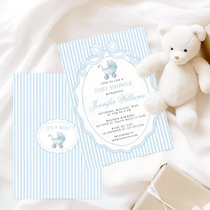 Blue Stroller Baby Carriage Bow Preppy Boy Shower Invitation