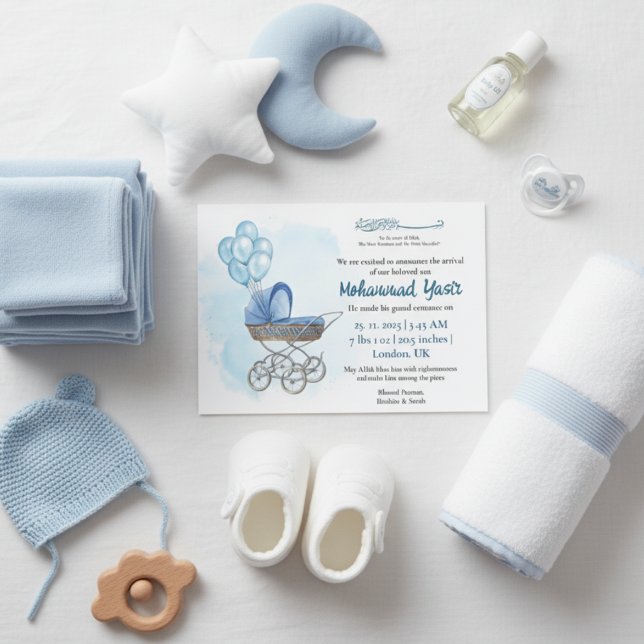 Blue stroller balloon muslim baby boy birth invita invitation (Creator Uploaded)