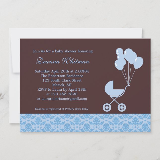 Blue Stroller with Balloons Baby Shower Invitation (Front)