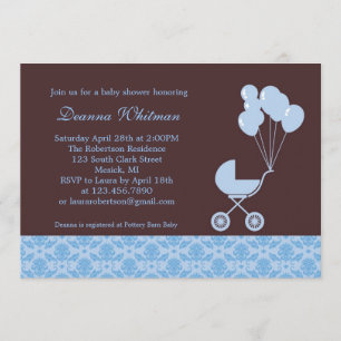 Blue Stroller with Balloons Baby Shower Invitation