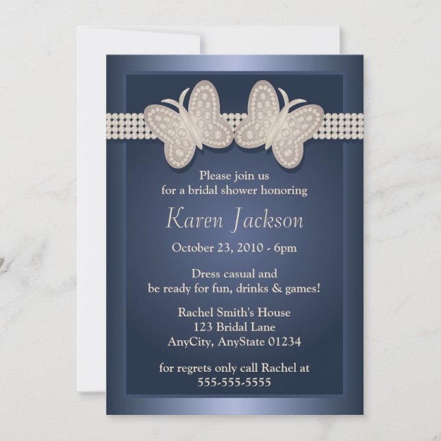 Blue Studded Butterfly Bridal Shower Invitations (Front)