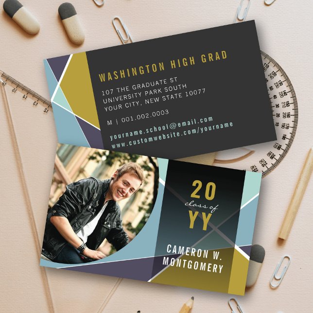 Blue Stylish Geometric Lines Mod Photo Graduate Calling Card (Blue Stylish Geometric Criss Cross Photo Graduation Calling / Name Card @ zazzle.com/color_therapy)