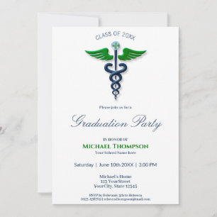 Blue Stylish Medical Caduceus Green Wings Cross Invitation