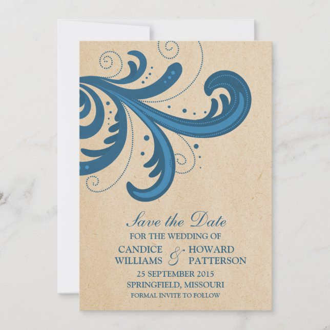 Blue Stylish Swirls Save the Date Invite (Front)
