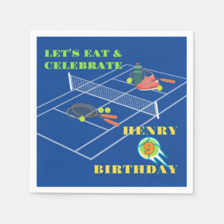Blue Stylish Tennis Racket Court Game Birthday Napkin