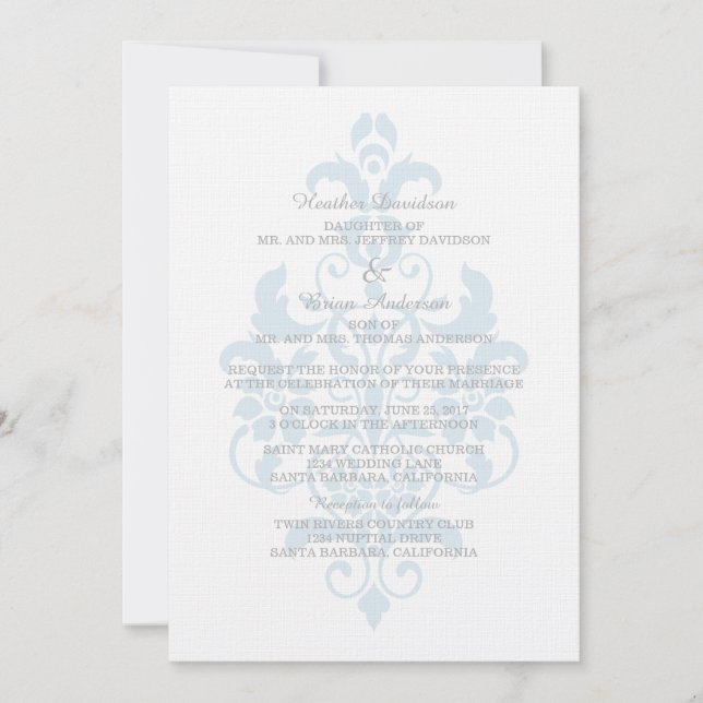 Blue Subtle Damask Wedding Invite (Front)