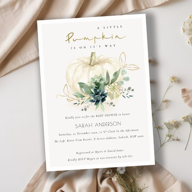 Blue Succulent Little Pumpkin Baby Shower Invite (Creator Uploaded)