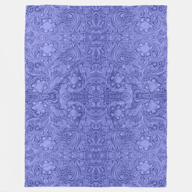 Blue Suede Faux Leather Look Floral Design Fleece Blanket (Front)