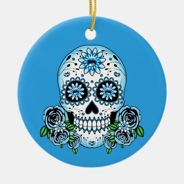 Blue Sugar Skull Ceramic Ornament (Front)