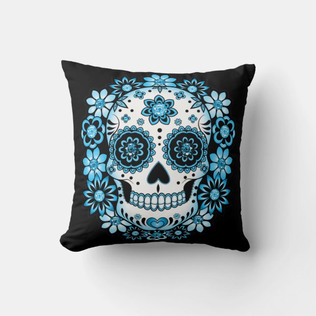 Blue Sugar Skull Cushion (Front)