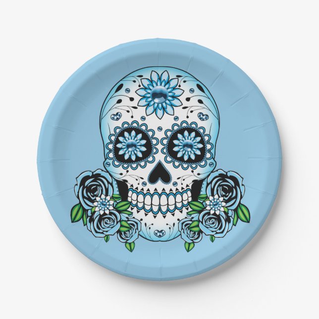Blue Sugar Skull Paper Plate (Front)