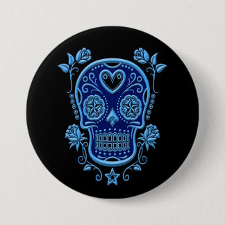 Blue Sugar Skull with Roses on Black 7.5 Cm Round Badge