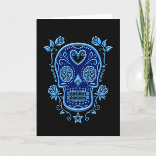 Blue Sugar Skull with Roses on Black Card