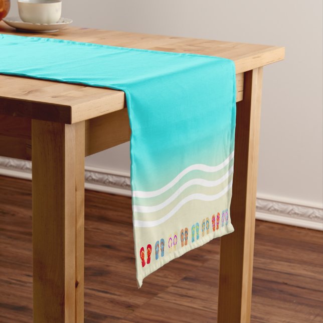 Blue Summer Beach Waves Flip Flops Short Table Runner (In Situ)