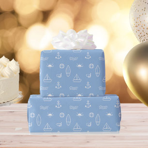Blue Summer Ocean Line Art Seamless Pattern Wrapping Paper