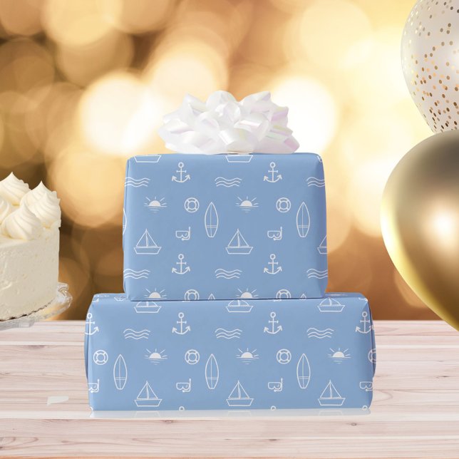 Blue Summer Ocean Line Art Seamless Pattern Wrapping Paper (In situ)