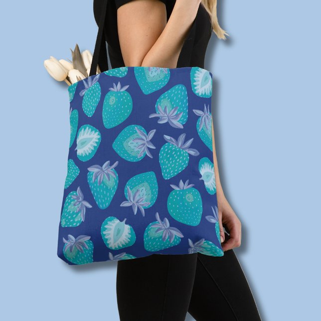 Blue Summer Strawberry Pattern Tote Bag (Blue strawberry pattern tote bag)