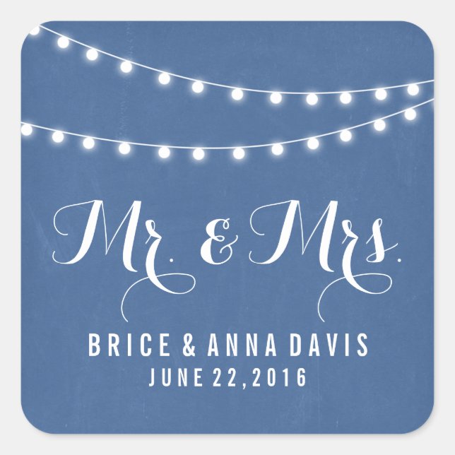 Blue Summer String Light Wedding Stickers (Front)