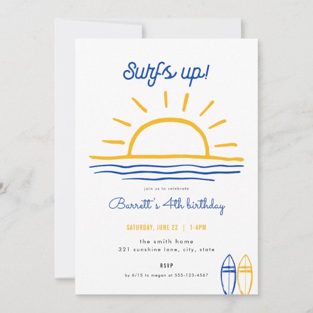 Blue Summer Surfs Up Party Birthday Invitation (Front)