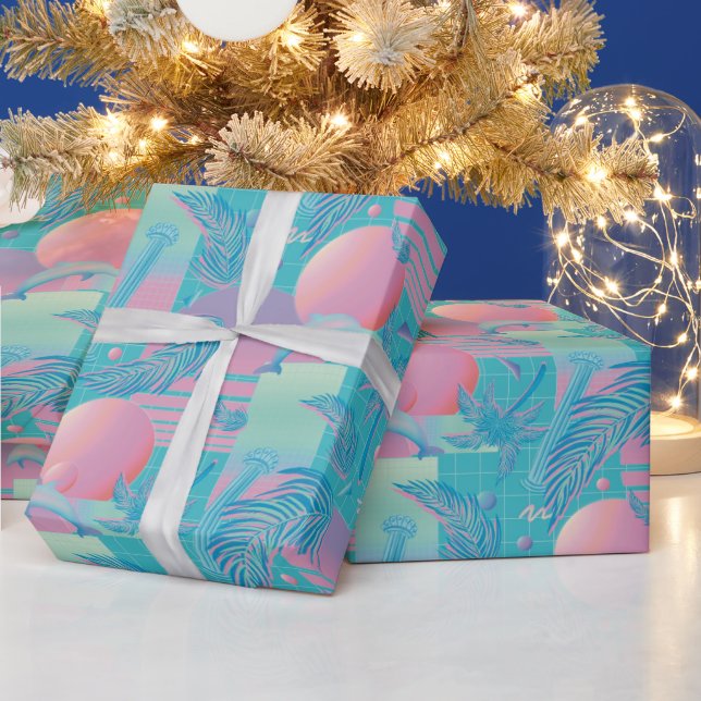 Blue Summer Vaporwave Sunset and Palm Trees Wrapping Paper (Holidays)