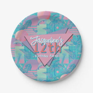 Blue Summer Vaporwave Sunset Birthday Paper Plate