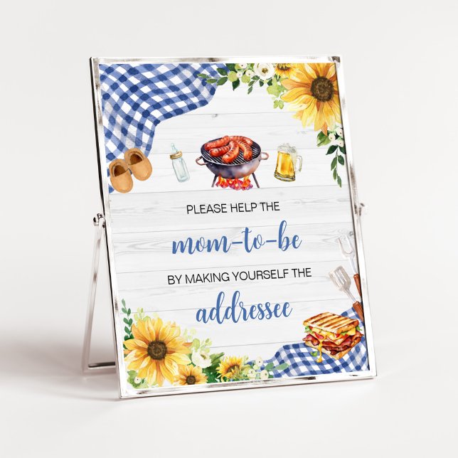 Blue Sunflower BBQ Baby Shower Envelope Station Poster (Boy Picnic Backyard Baby Shower Envelope Station Sign)