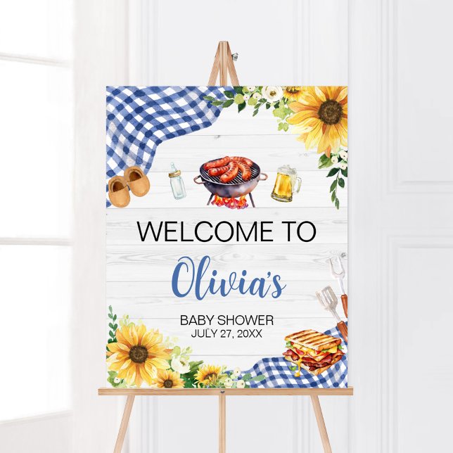 Blue Sunflower BBQ Baby Shower Welcome Poster (Boy Picnic Backyard Baby Shower Welcome Sign)