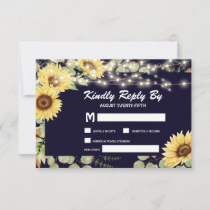 Blue Sunflower Eucalyptus String Lights Wedding RSVP Card