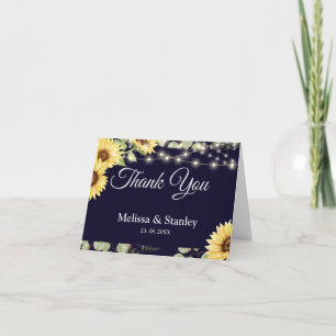 Blue Sunflower Eucalyptus String Lights Wedding Thank You Card