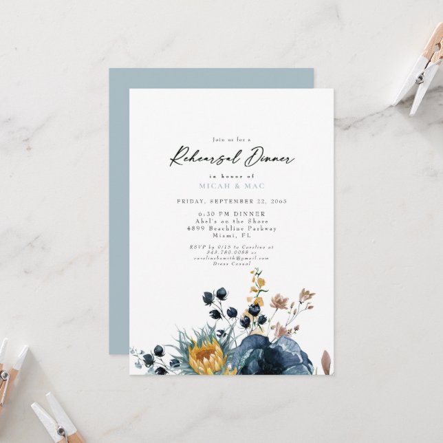 Blue  & Sunflower Floral Rehearsal  Invitation (Front/Back In Situ)