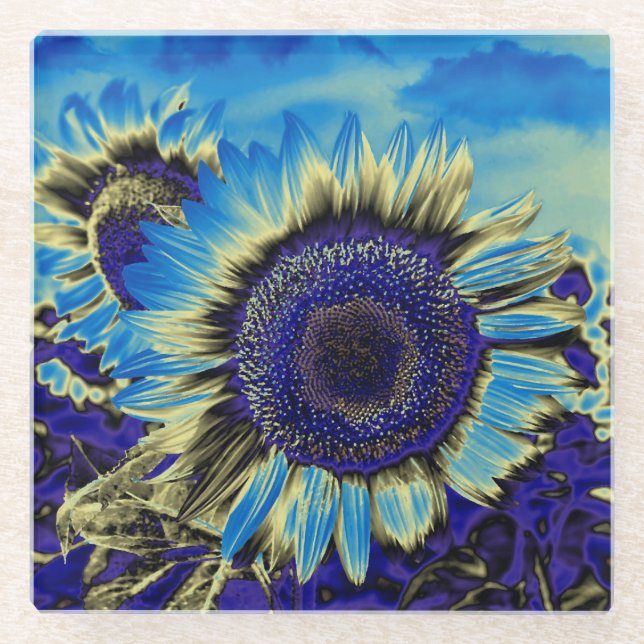 Blue Sunflower Glass Coaster (Front)