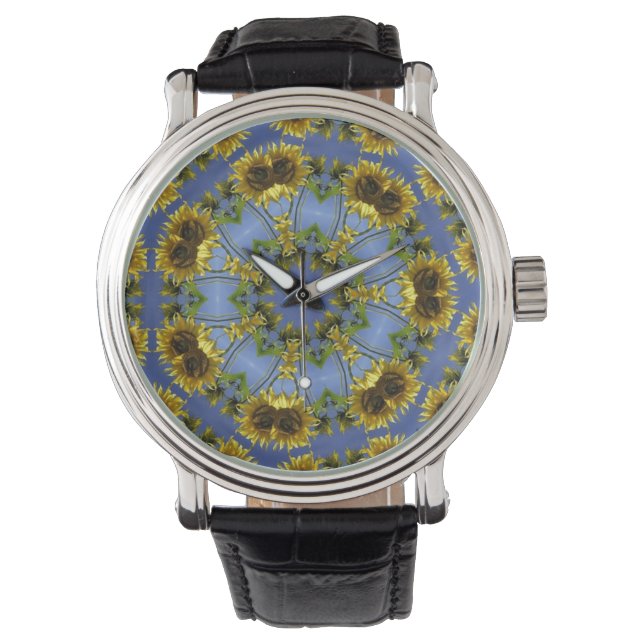 Blue Sunflower Kaleidoscope Vintage Leather Strap Watch (Front)