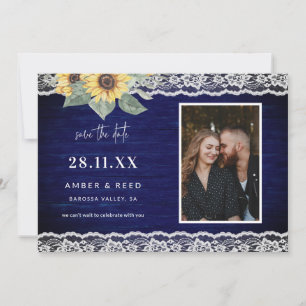 Blue Sunflower & Lace Rustic Wooden Photo Save The Date