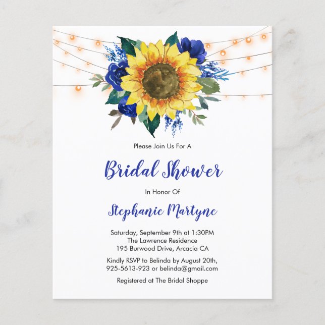 Blue Sunflower Lights Budget Bridal Shower Invite (Front)