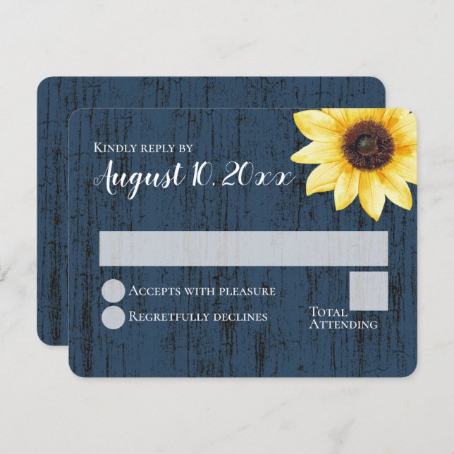 Blue Sunflower Rustic Barn Wood Wedding Response Invitation (Front/Back)