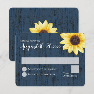 Blue Sunflower Rustic Barn Wood Wedding Response Invitation