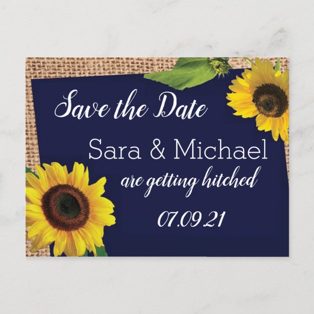 Blue Sunflower Save the Date Announcement Postcard (Front)
