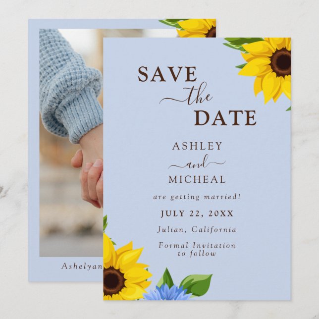 Blue Sunflower Wedding Flat Save The Date Card (Front/Back)