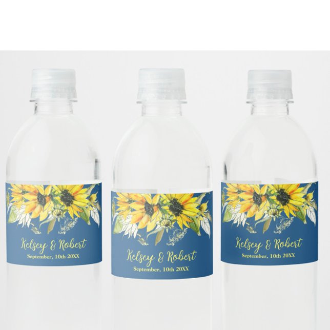 Blue Sunflower Wedding  Water Bottle Label (Creator Uploaded)