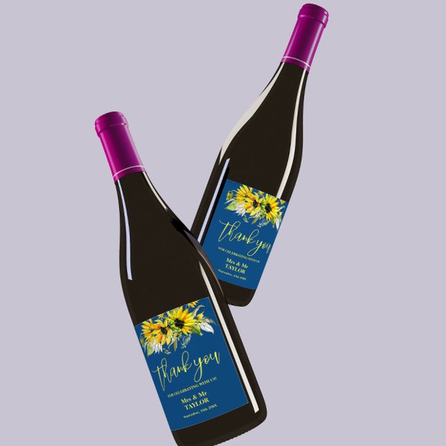 Blue Sunflower Wedding Wine Label (Creator Uploaded)