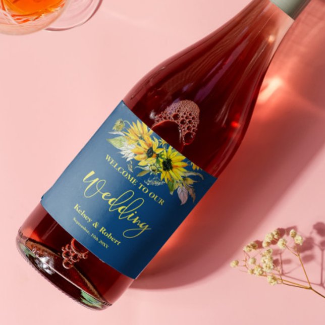 Blue Sunflower Wedding Wine Label (Creator Uploaded)