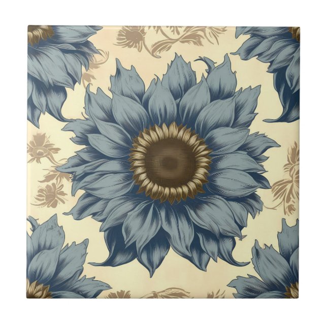 Blue sunflowers on a beige background ceramic tile (Front)