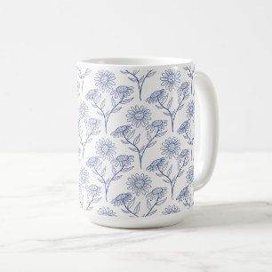 Blue Sunflowers outline drawing in ink Coffee Mug