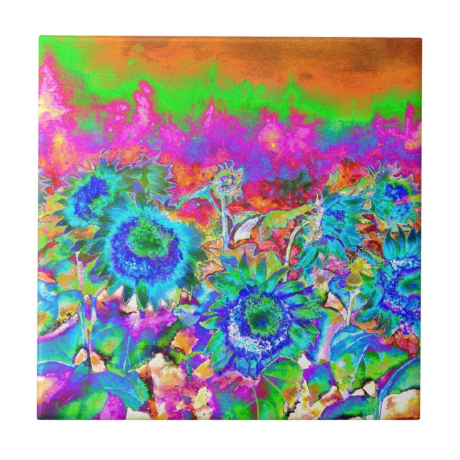 Blue Sunflowers pink purple floral retro funky Ceramic Tile (Front)