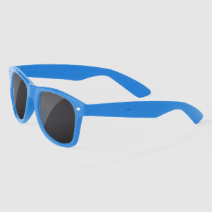 Blue sunglasses with curved arms and dark lenses