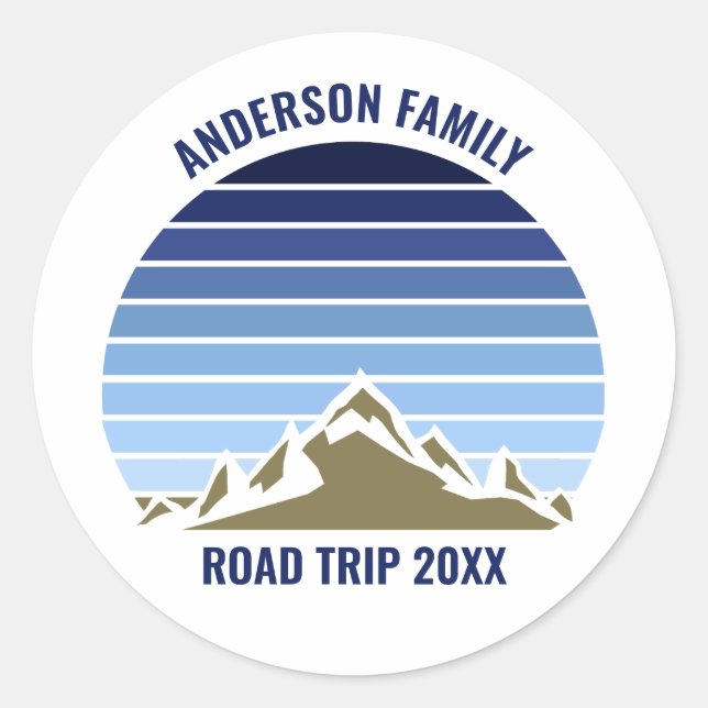 Blue Sunset Mountain Custom Family Reunion Trip Classic Round Sticker (Front)