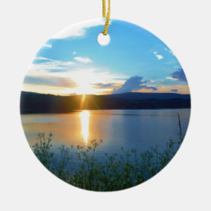 Blue sunset on lake ceramic ornament