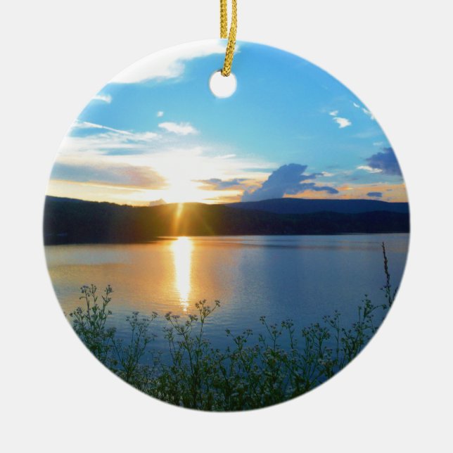 Blue sunset on lake ceramic ornament (Front)